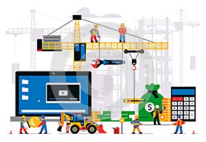 The website is under construction. Error page, maintenance. Construction site, machinery, crane, workers, computer