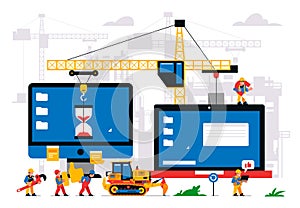 The website is under construction. Error page, maintenance. Construction site, machinery, crane, workers, computer