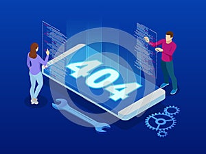 Website under construction page. Isometric error 404 page layout vector design. Website 404 page creative concept. The