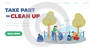 Website for volunteering altruistic cleanup activity, flat vector illustration.