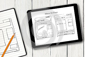 Website wireframe sketch on digital tablet screen