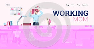 Website with working mother angry at bad behavior of kids vector illustration.
