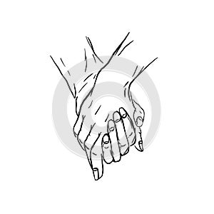 WebSketch of two humans holding hands close up. Hand in hand. Outline graphic elements. Monochrome concept for Valentine`s Day.