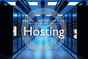 Webspace hosting service logo in large modern data center with multiple rows of server racks, 3D Illustration