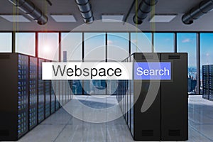 Webspace search in blue search bar large modern server room skyline view, 3D Illustration