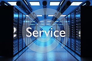 Webspace service logo in large modern data center with multiple rows of server racks, 3D Illustration