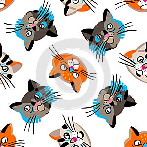 WebVector seamless pattern with funny cats heads isolated on white background. Cute animal theme background. Stock clipart