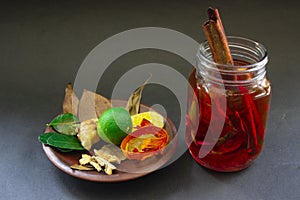 Wedang uwuh is traditional herbal drink from indonesia. made from cinnamon, nutmeg and cloves leaves. Another ingredient is wood.