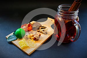 wedang uwuh is traditional herbal drink from indonesia. made from cinnamon, nutmeg and cloves leaves. Another ingredient is wood.