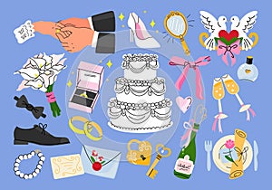 Wedding set of cartoon flat stickers, accessories and items with romantic elements.