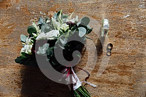Wedding accessories. Bouquet and accessories of bride. details. photo