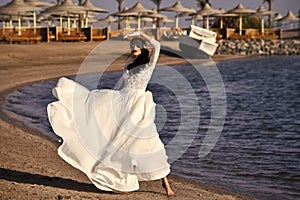 Wedding agency. Bride on sunny summer day on seascape