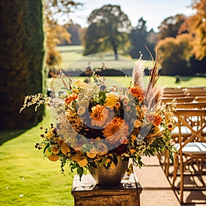 Wedding aisle, floral decor and marriage ceremony, autumnal flowers and decoration in the English countryside garden