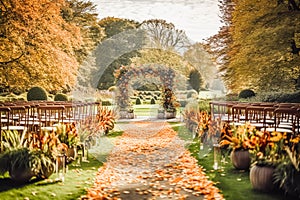 Wedding aisle, floral decor and marriage ceremony, autumnal flowers and decoration in the English countryside garden