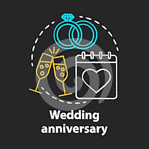 Wedding anniversary chalk concept icon. Marriage, engagement celebration date idea. Bridal party. Champagne, calendar