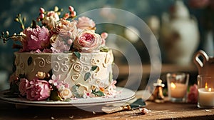 Wedding Anniversary-themed cake, adorned with romantic details, floral motifs, and timeless decorations by AI generated