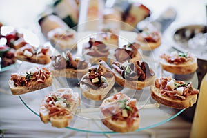 Wedding appetizers on the table. Catering outdoor service