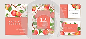 Wedding apple invitation card, vintage autumn Save the Date set. Design template of fruits, flowers and leaves