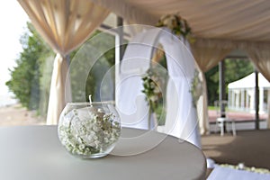 Wedding arch decorated with flowers. White carpet in the restaurant