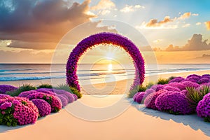 wedding arch decorated with fresh flowers on sandy tropical beach, marriage set up, engagement design, tropical wedding