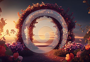 wedding arch decorated with rose flowers at sunset. Wedding and honeymoon concept