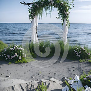 A wedding arch with flowers and greenery on the beach created with Generative AI technology