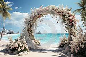 Wedding arch with flowers on a tropical beach, wedding decorations. AI generative