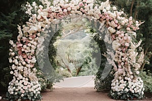 Wedding Arch With Pink and White Flowers - Elegant Outdoor Ceremony Decoration, An intimate garden wedding beneath a floral