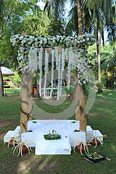 Wedding Arch poruwa. Decorated wooden platform used for traditional Sinhalese wedding ceremonies. photo