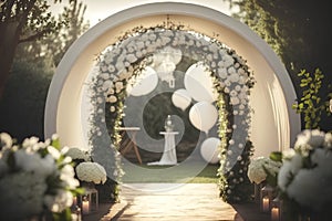 Wedding arch with white flowers and archway in the garden