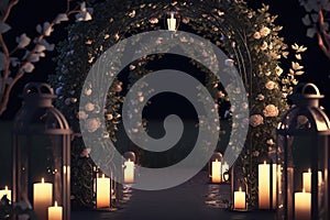 Wedding archway with candles and flowers. Generative AI