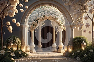 Wedding archway decorated with white flowers and candles