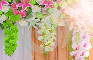 Wedding archway with flowers arranged in hotel for a wedding ceremony