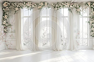 Wedding backdrop aesthetic flower wreath decoration indoor white background. Generative AI