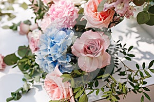 Wedding backdrop with flower and decoration, gray wall