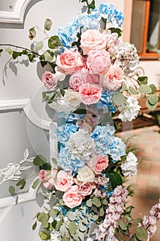 Wedding backdrop with flower and decoration, gray wall