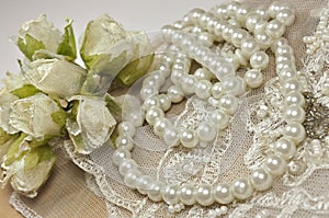 Wedding background with decoration accessories, lace and pearls