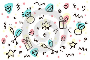 Wedding background in doodle style, hand drawn set of cute doodles for decoration