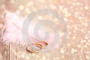 Wedding Background with gold Rings, pink feather and magical li