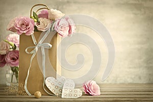 Wedding background with roses flowers and Hearts - vintage styl