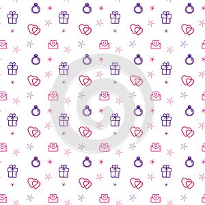 Wedding background seamless vector pattern. Love, romance flat line icons - hearts, engagement ring, gift, valentine