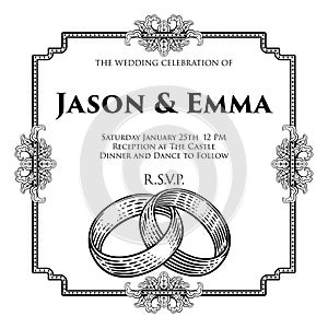 Wedding Band Rings Intertwined Woodcut Invite