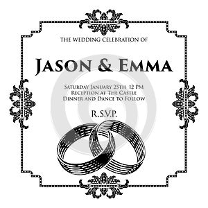 Wedding Band Rings Intertwined Woodcut Invite