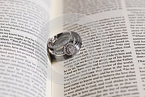 Wedding Bands Engagement Ring on Bible New Testament Pages