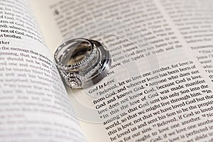 Wedding Bands Engagement Ring on Bible New Testament Pages