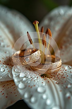 Wedding bands on a lily, symbolizing eternal union. AI Generated