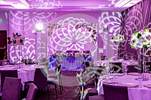 Wedding banquet in blue and white tones. Beautiful table setting with crockery and white flower arrangements in a vase on a high