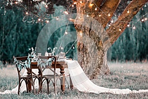 Wedding banquet. Chairs and honeymooners table decorated, served with a tablecloth photo