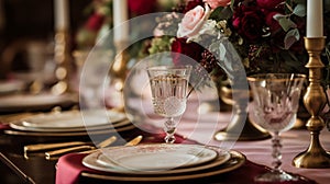 Wedding banquet. Table setting at a luxury wedding and Beautiful flowers and candles on the table.