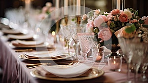 Wedding banquet. Table setting at a luxury wedding and Beautiful flowers and candles on the table.